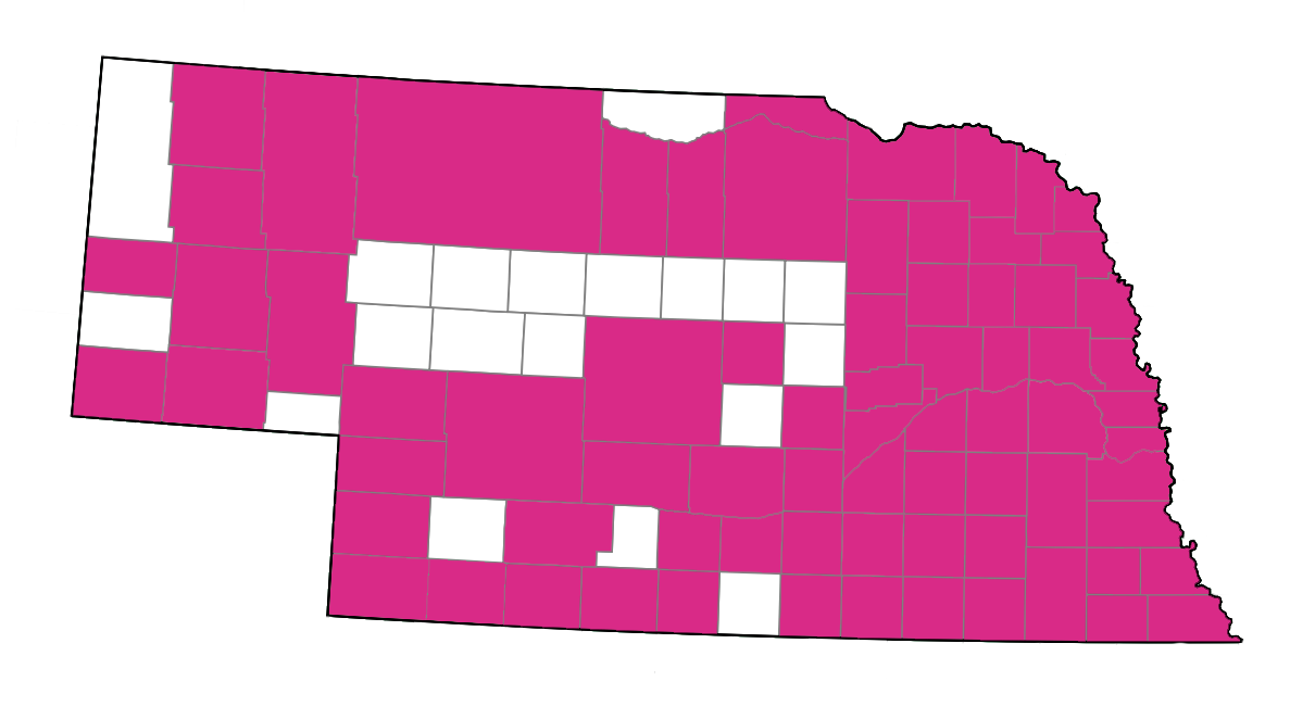 Map of Nebraska counties with providers that can prescribe contraception (2023). The following 19 of Nebraska's 93 counties do not have a single provider that can prescribe contraception: Sioux, Banner, Deuel, Keya Paha, Grant, Hooker, Thomas, Blaine, Garfield, Loup, Wheeler, Greeley, Arthur, McPherson, Logan, Sherman, Hayes, Gosper, and Franklin.