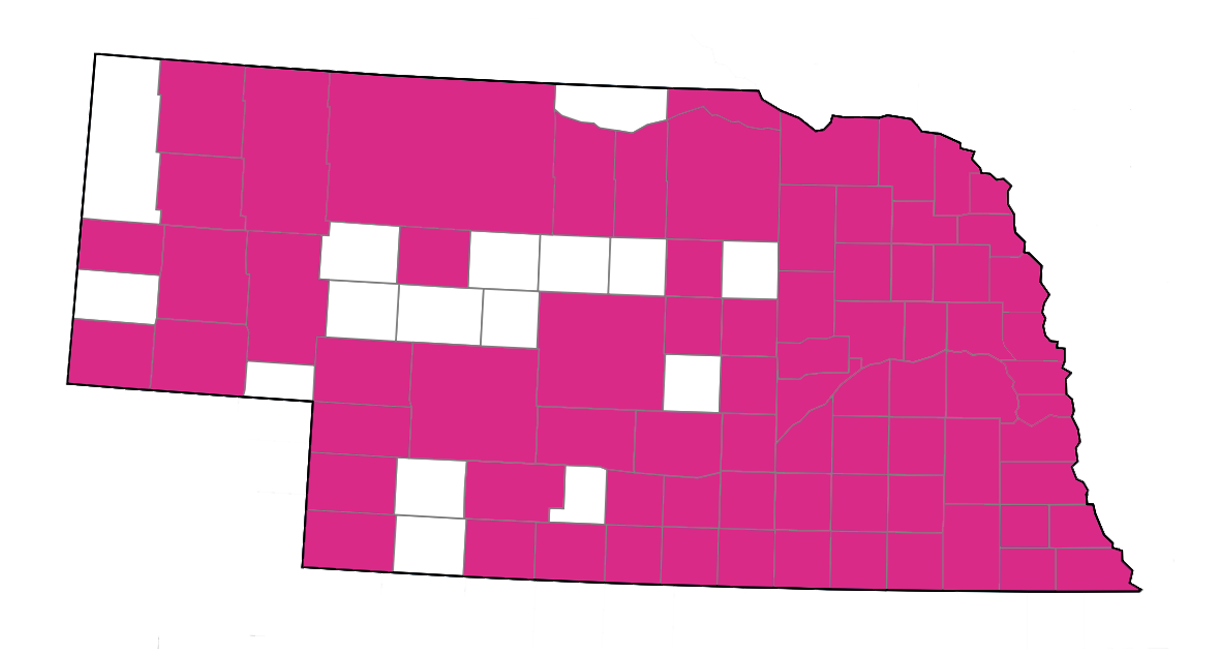 Map of Nebraska counties with providers that provide the pill, patch, and ring through Medicaid (2021). The following 16 counties are left without: Sioux, Banner, Deuel, Grant, Arthur, McPherson, Thomas, Logan, Blaine, Loup, Wheeler, Sherman, Hayes, Hitchcock, Gosper, and Keya Paha.